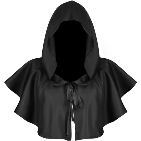 Black Satin Hooded Face Covering Shawl – Large Size Gothic Costume Cloak - Picture 2 of 5